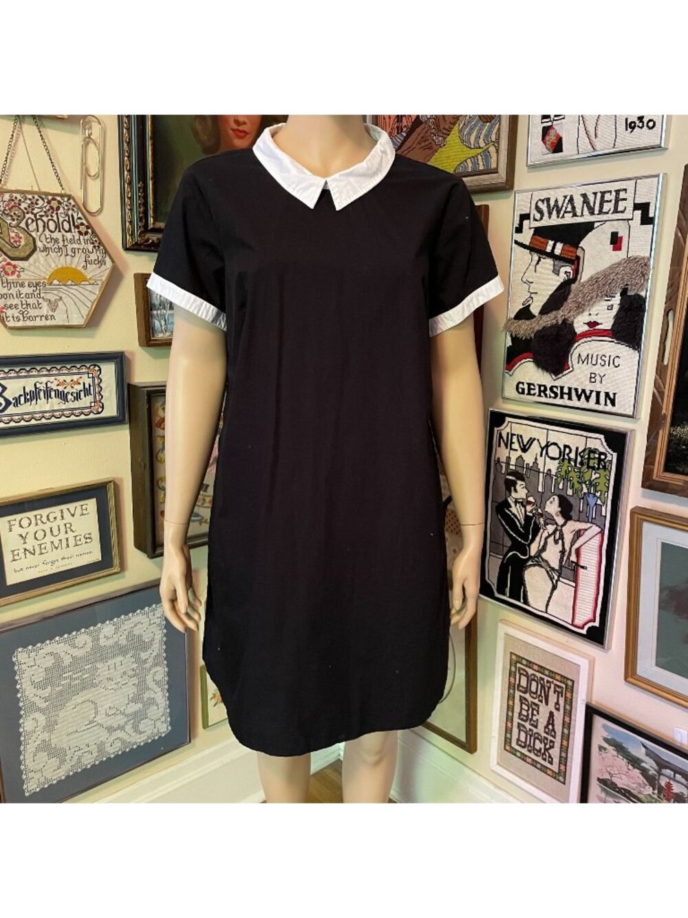 eShakti Black & White Peter Pan Collar Short Sleeve Mini Dress 3X Wednesday